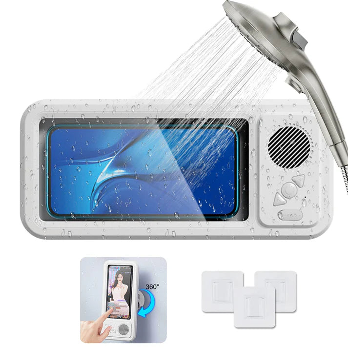 AquaVibe Waterproof Shower Phone Holder & Bluetooth Speaker — Enjoy Music, Videos & Hands-Free Viewing Anywhere